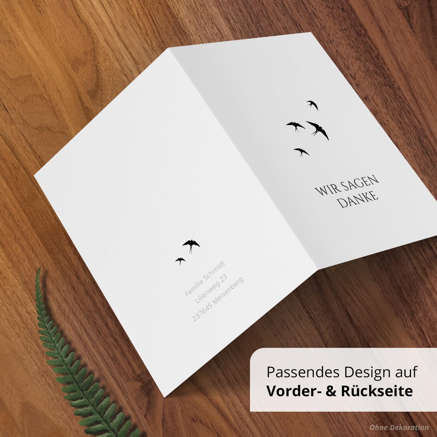 10 PERSONALISIERTE Trauer Danksagungen Dankeskarten mit eigenem Text und Foto | Individuell anpassbare Danke Trauerkarten mit Briefumschlägen | Karten Vögel im Wind