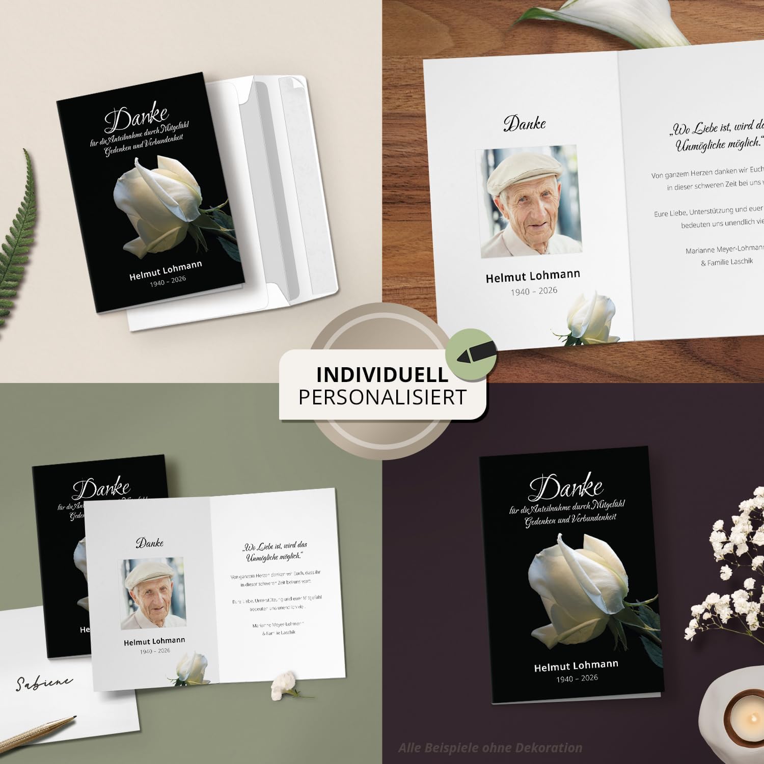 Einladungskarten Manufaktur Hamburg 10 PERSONALISIERTE Trauer Danksagungen Dankeskarten mit Text und Foto | Individuell anpassbare Trauerkarten mit Briefumschlägen | Karten weiße Rose