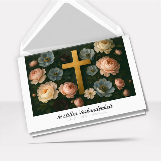 Trauerkarte Beileid mit Umschlag – Beileidskarte Kondolenzkarte – Hochwertige Klappkarte für persönliche Anteilnahme Motiv Kreuz Kirche