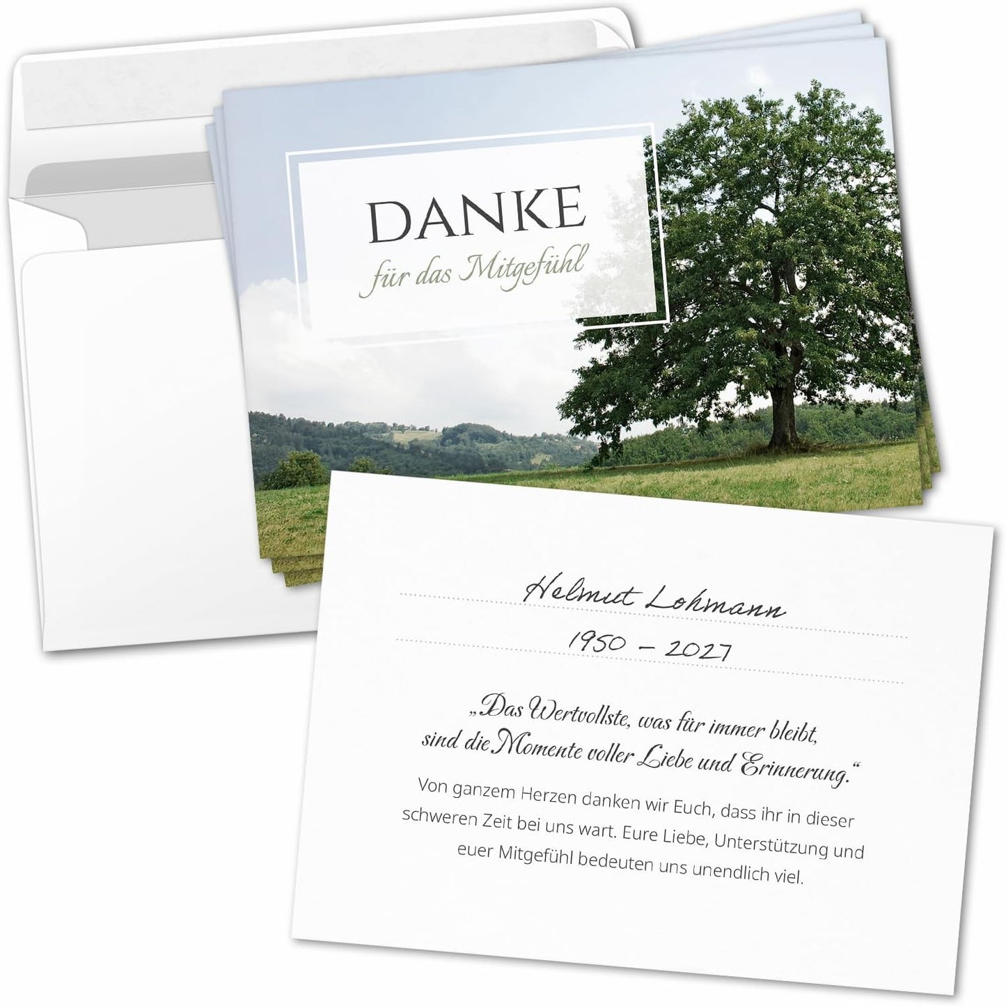 8 Trauer Danksagungskarten ausfüllbar mit Umschlag - Danke Trauerkarten Postkarten nach Beerdigung zum Ausfüllen mit Text Motiv Friedwald Baum Wiese