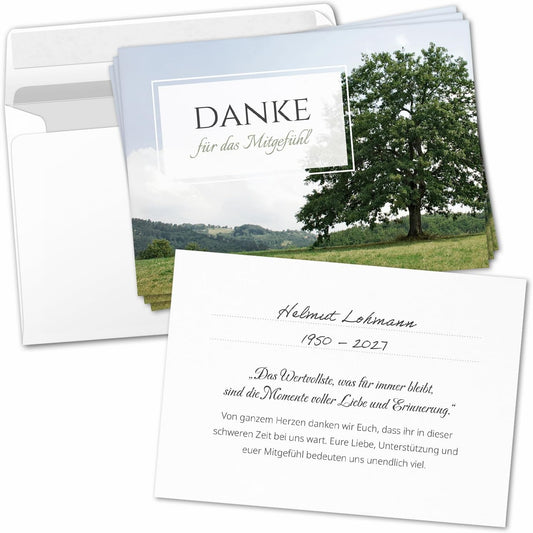 8 Trauer Danksagungskarten ausfüllbar mit Umschlag - Danke Trauerkarten Postkarten nach Beerdigung zum Ausfüllen mit Text Motiv Friedwald Baum Wiese