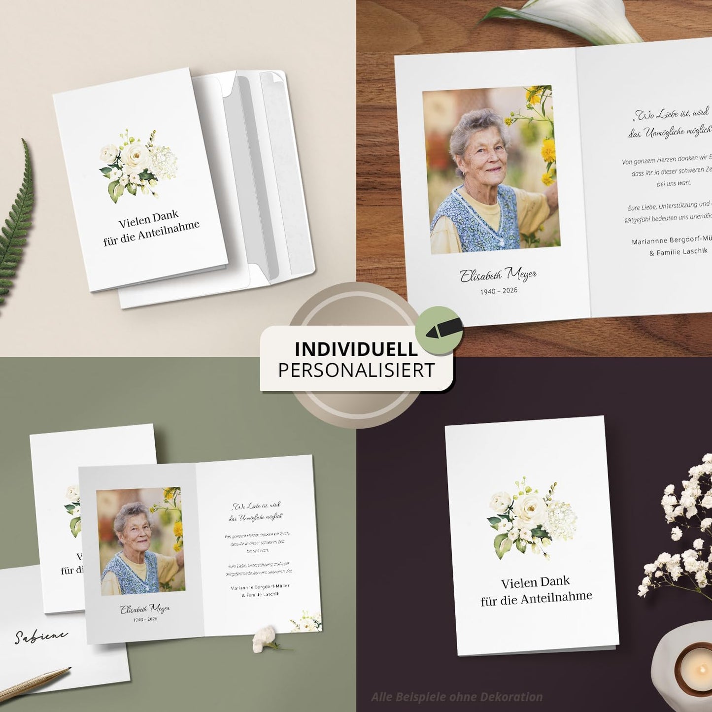 10 PERSONALISIERTE Trauer Danksagungen Dankeskarten mit eigenem Text und Foto | Individuell anpassbare Danke Trauerkarten mit Briefumschlägen | Karten Anteilnahme Blumen weiss