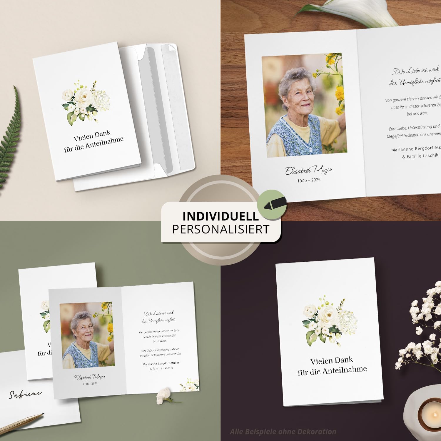 10 PERSONALISIERTE Trauer Danksagungen Dankeskarten mit eigenem Text und Foto | Individuell anpassbare Danke Trauerkarten mit Briefumschlägen | Karten Anteilnahme Blumen weiss