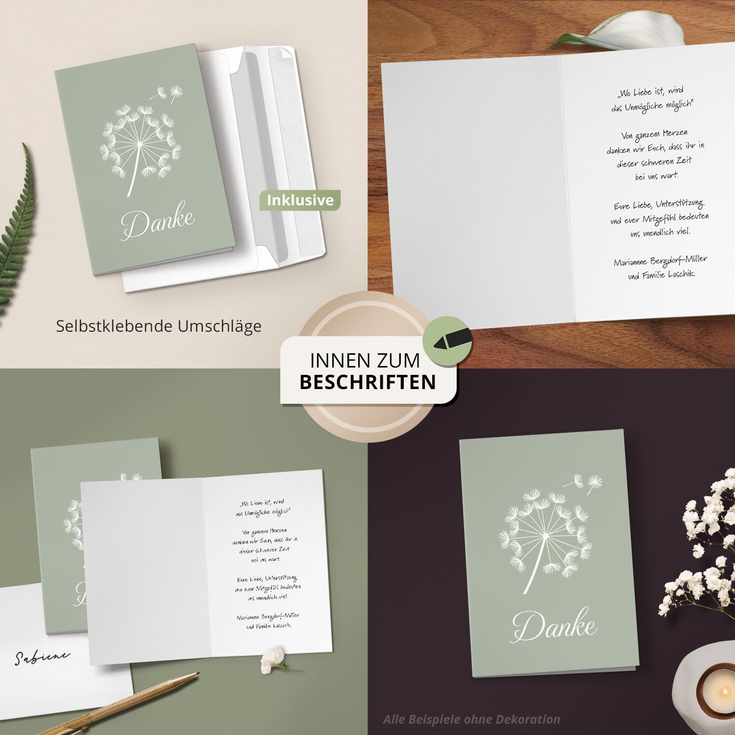 Danksagungskarten Trauer – 10 Klappkarten mit Umschlägen – Motiv: Pusteblume Mint – Trauerkarten Danksagung mit Text – Dankeskarten Trauer nach Beerdigung