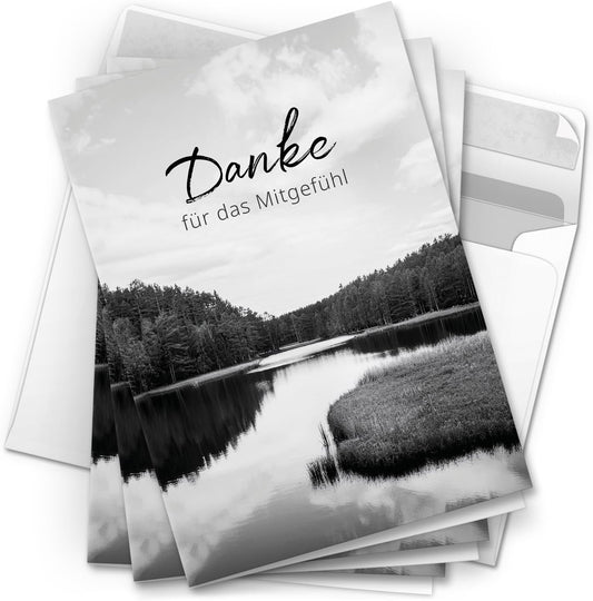 Danksagungskarten Trauer – 10 Klappkarten mit Umschlägen – Motiv: See in schwarz weiss – Trauerkarten Danksagung mit Text – Dankeskarten Trauer Beerdigung