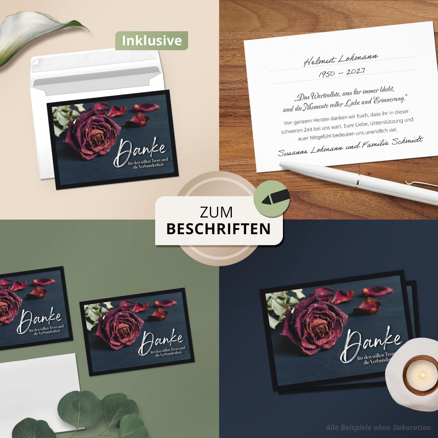 8 Trauer Danksagungskarten ausfüllbar mit Umschlag - Danke Trauerkarten Postkarten nach Beerdigung zum Ausfüllen mit Text Motiv Rote Rose Rosen Blume