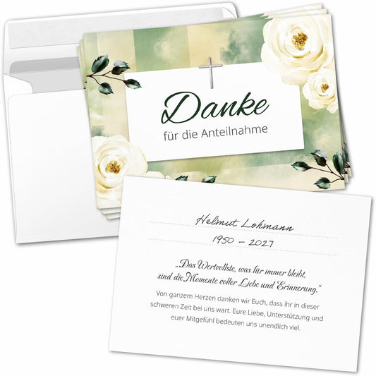 8 Trauer Danksagungskarten ausfüllbar mit Umschlag - Danke Trauerkarten Postkarten nach Beerdigung zum Ausfüllen mit Text Motiv Weisse Rosen mit Kreuz