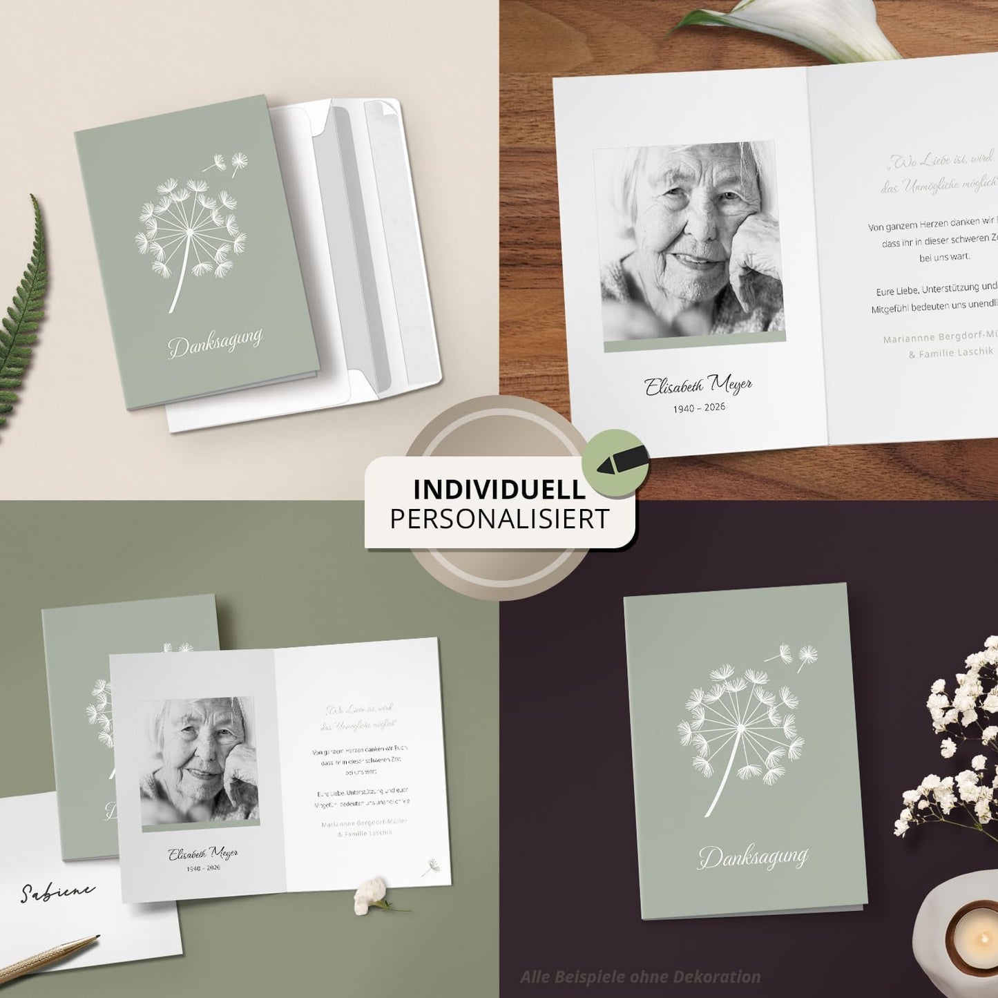 Einladungskarten Manufaktur Hamburg 10 PERSONALISIERTE Trauer Danksagungen Dankeskarten mit eigenem Text und Foto | Individuell anpassbare Danke Trauerkarten mit Briefumschlägen | Karten Pusteblume