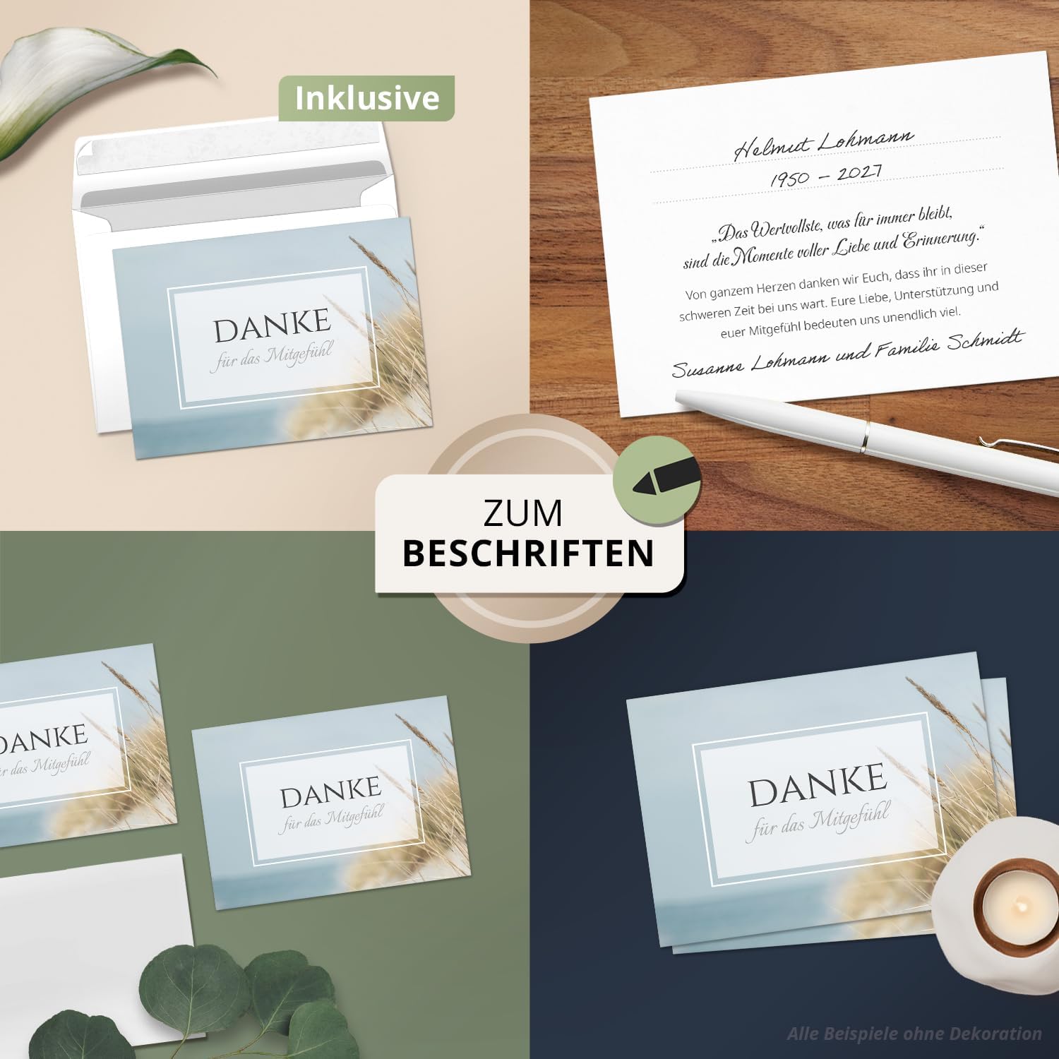 8 Trauer Danksagungskarten ausfüllbar mit Umschlag - Danke Trauerkarten Postkarten nach Beerdigung zum Ausfüllen Motiv Meer Dünen See Seebestattung