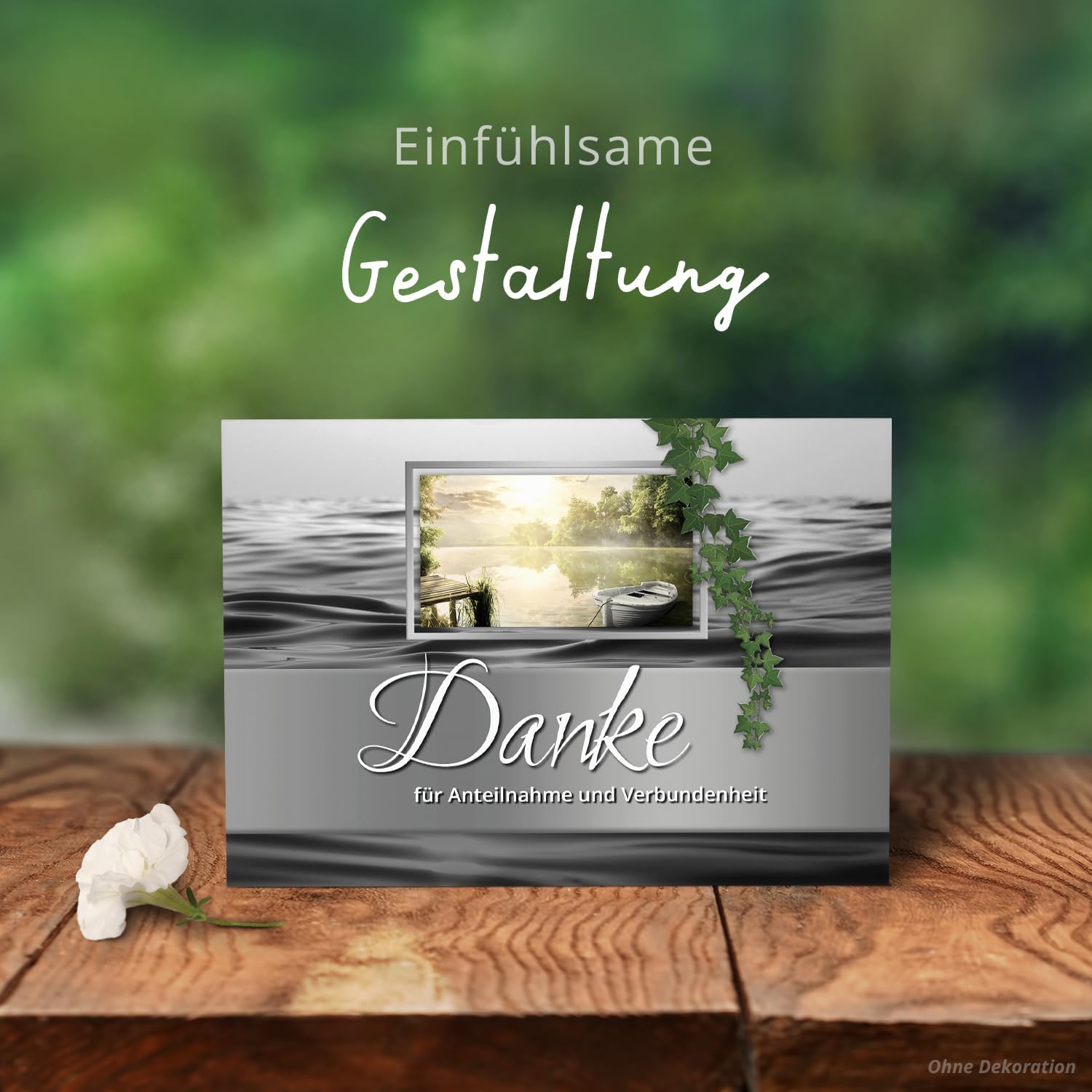8 Trauer Danksagungskarten ausfüllbar mit Umschlag - Danke Trauerkarten Postkarten nach Beerdigung zum Ausfüllen mit Text Motiv Efeu See