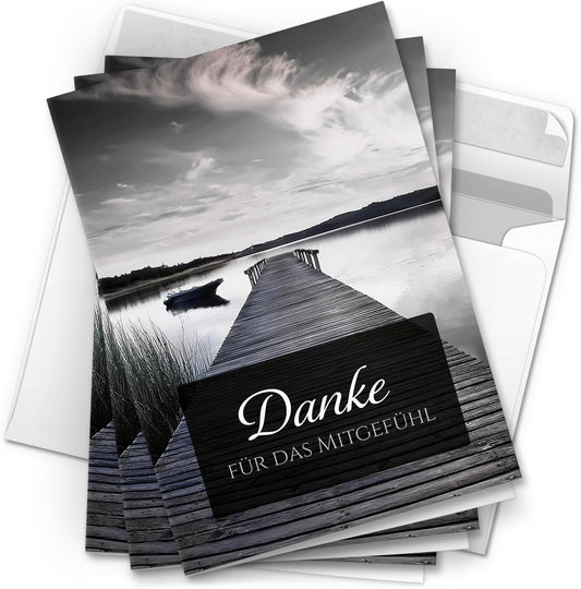 Danksagungskarten Trauer – 10 Klappkarten mit Umschlägen – Motiv: Steg zum See – Trauerkarten Danksagung mit Text – Dankeskarten Trauer nach Beerdigung
