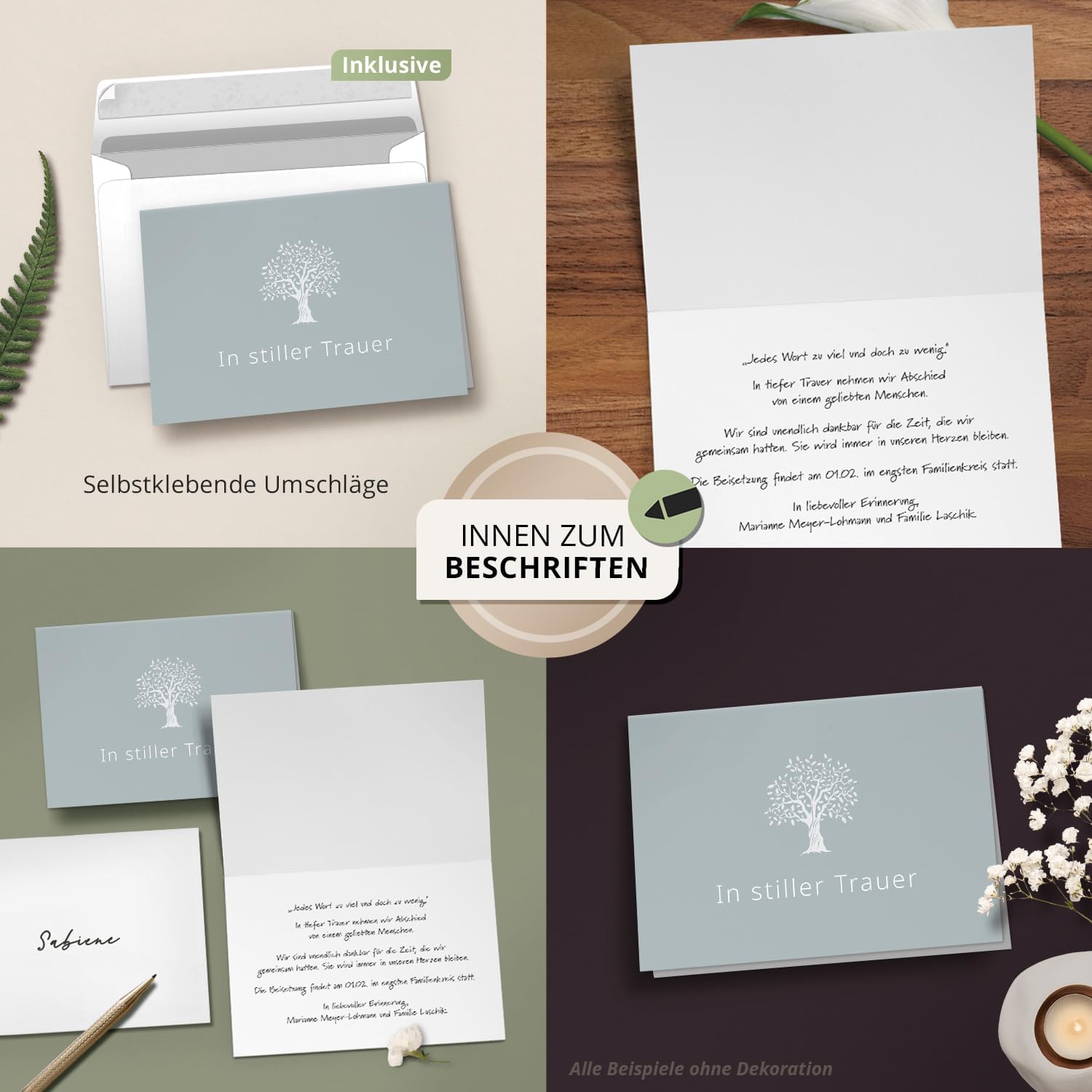 10 Trauerkarten mit Umschlag – Einladung zur Beerdigung oder Trauerfeier | Abschied | Hochwertige Klappkarten zur Todesanzeige – Motiv: Zarter Baum