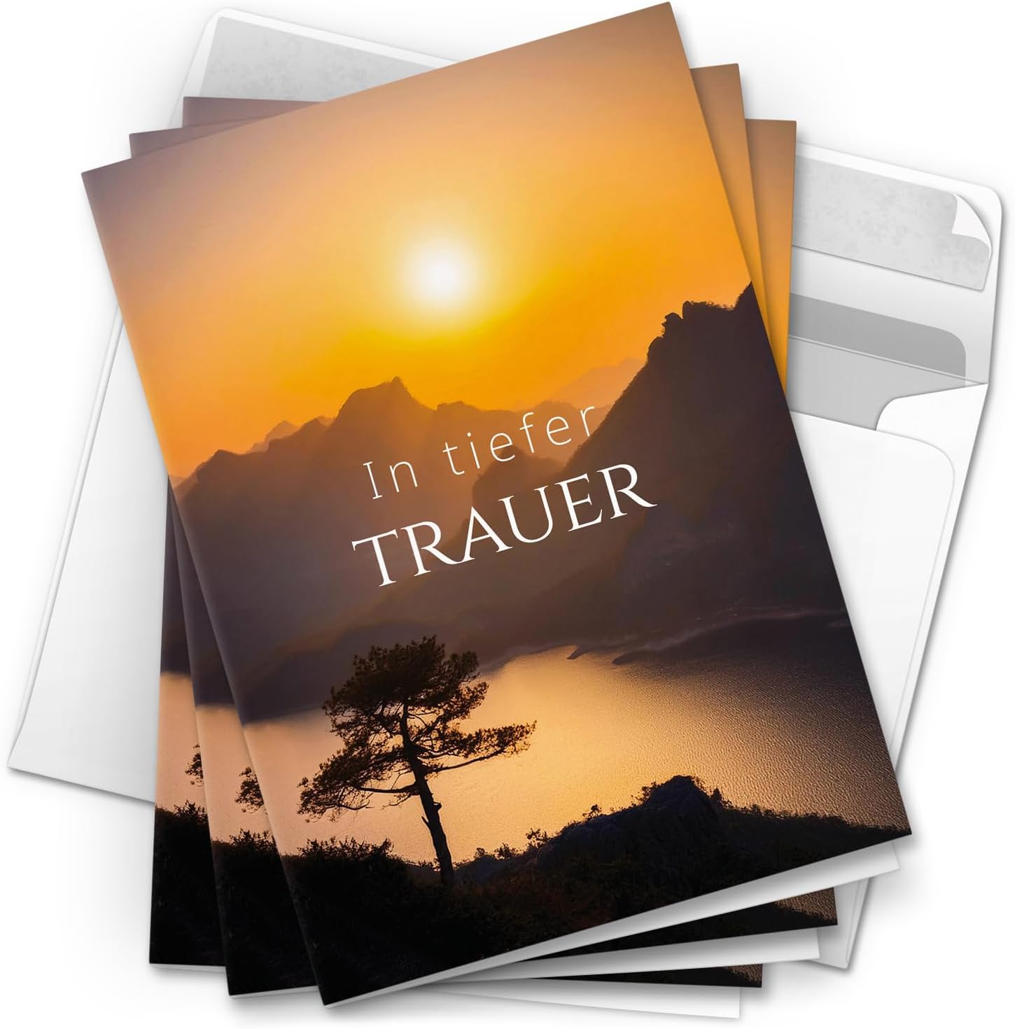 10 Trauerkarten mit Umschlag – Einladung zur Beerdigung oder Trauerfeier | Abschied | Hochwertige Klappkarten zur Todesanzeige – Motiv: Sonne am Berg