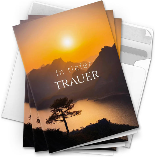 10 Trauerkarten mit Umschlag – Einladung zur Beerdigung oder Trauerfeier | Abschied | Hochwertige Klappkarten zur Todesanzeige – Motiv: Sonne am Berg