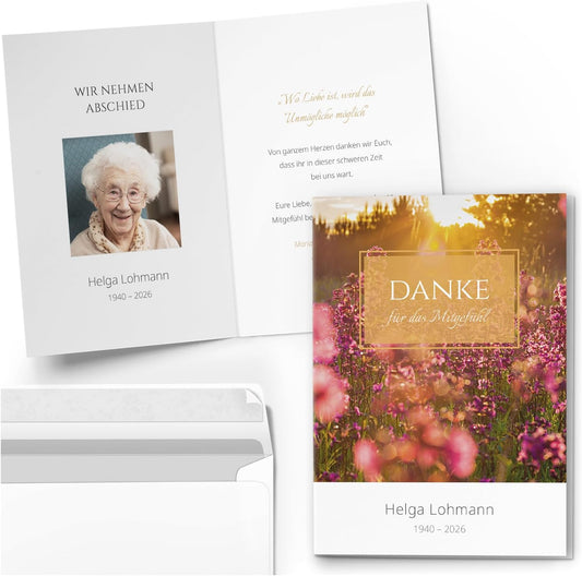 10 PERSONALISIERTE Trauer Danksagungen Dankeskarten mit eigenem Text und Foto | Individuell anpassbare Trauerkarten mit Briefumschlägen | Danke für das Mitgefühl 02