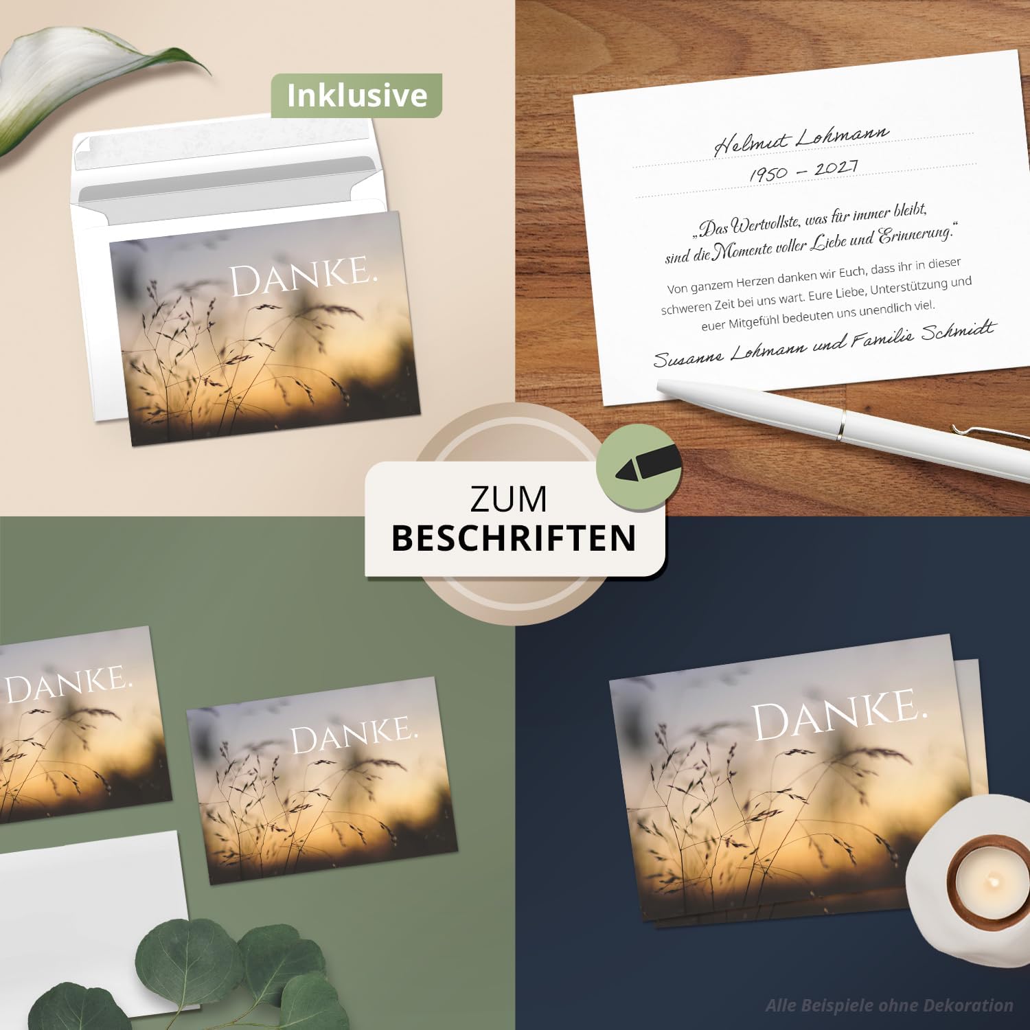 8 Trauer Danksagungskarten ausfüllbar mit Umschlag - Danke Trauerkarten Postkarten nach Beerdigung zum Ausfüllen mit Text Motiv Gräser im Wind