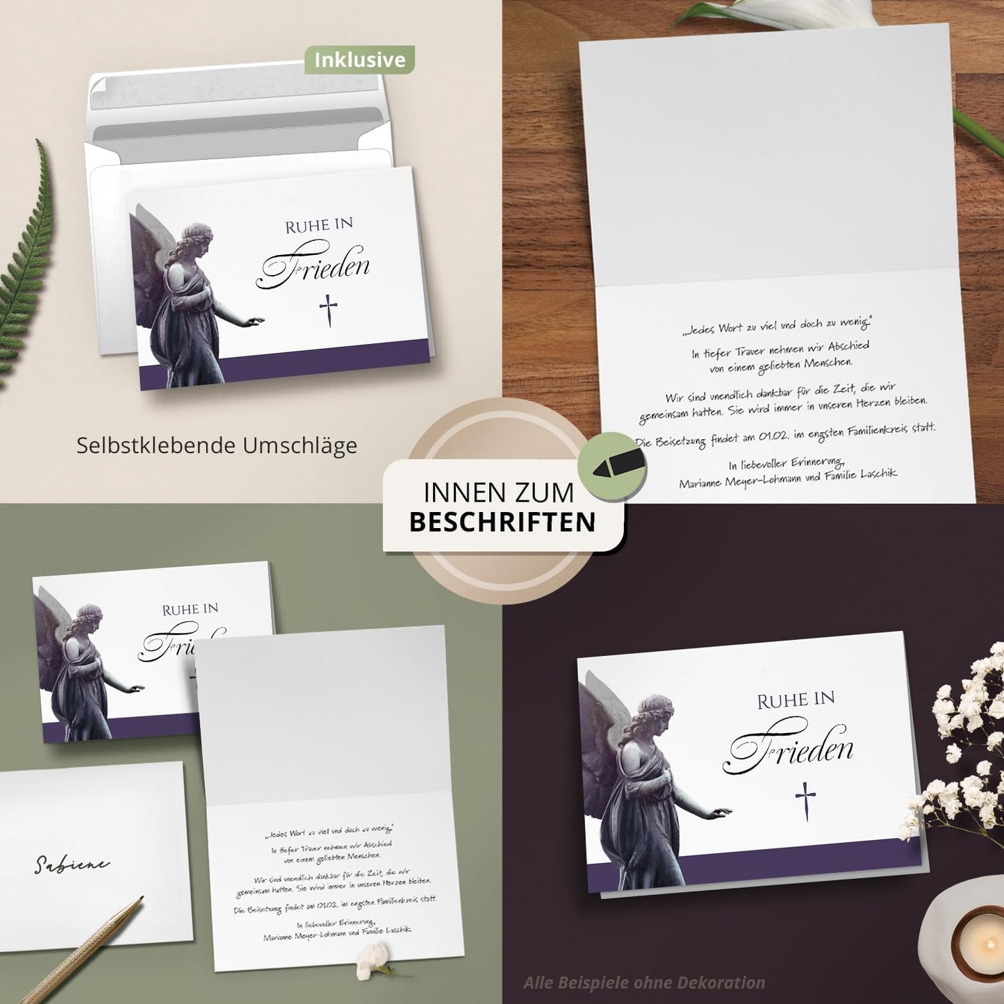 10 Trauerkarten mit Umschlag – Einladung zur Beerdigung oder Trauerfeier | Abschied | Hochwertige Klappkarten zur Todesanzeige – Motiv: Engel