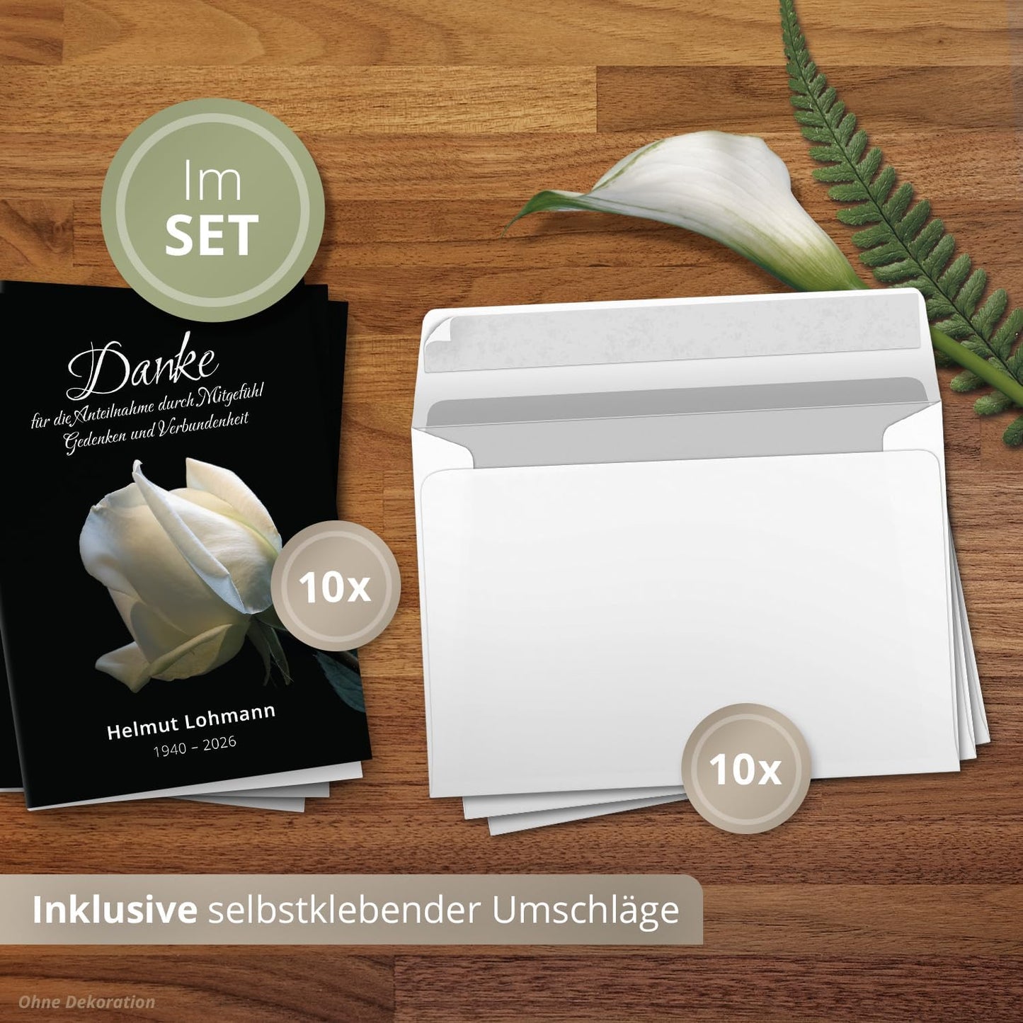 Einladungskarten Manufaktur Hamburg 10 PERSONALISIERTE Trauer Danksagungen Dankeskarten mit Text und Foto | Individuell anpassbare Trauerkarten mit Briefumschlägen | Karten weiße Rose