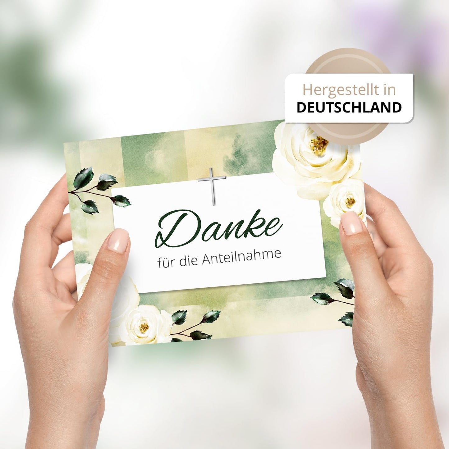 8 Trauer Danksagungskarten ausfüllbar mit Umschlag - Danke Trauerkarten Postkarten nach Beerdigung zum Ausfüllen mit Text Motiv Weisse Rosen mit Kreuz