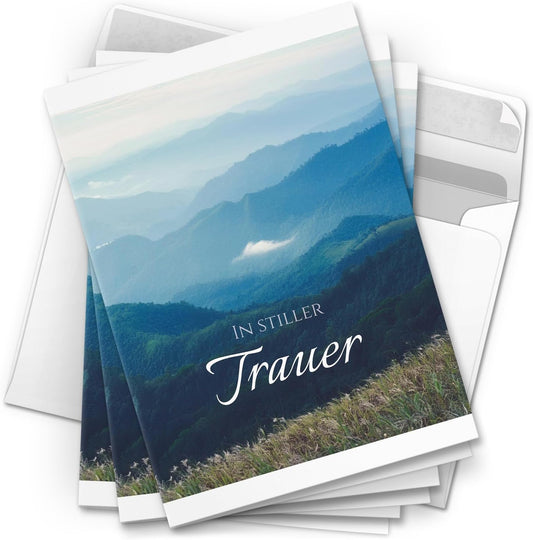 10 Trauerkarten mit Umschlag – Einladung zur Beerdigung oder Trauerfeier | Abschied | Hochwertige Klappkarten zur Todesanzeige – Motiv: Berge Nebel