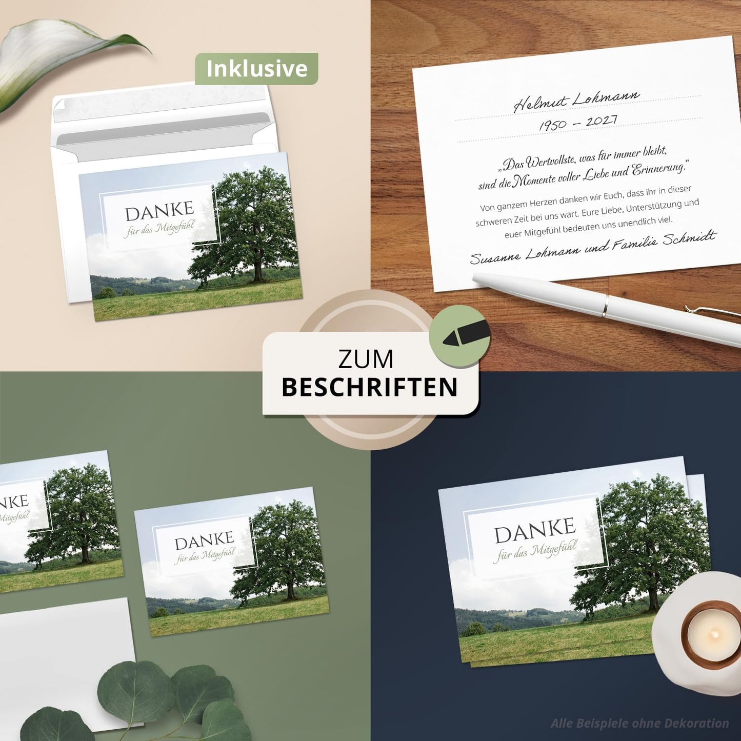 8 Trauer Danksagungskarten ausfüllbar mit Umschlag - Danke Trauerkarten Postkarten nach Beerdigung zum Ausfüllen mit Text Motiv Friedwald Baum Wiese