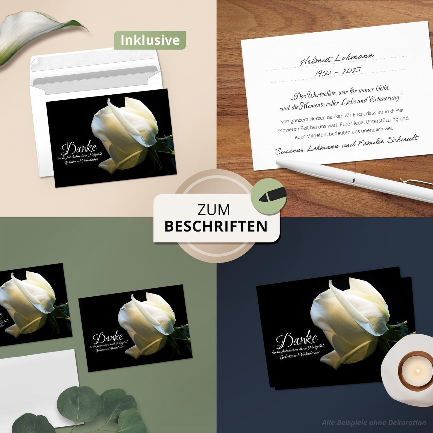 8 Trauer Danksagungskarten ausfüllbar mit Umschlag - Danke Trauerkarten Postkarten nach Beerdigung zum Ausfüllen mit Text Motiv Weisse Rose Rosen