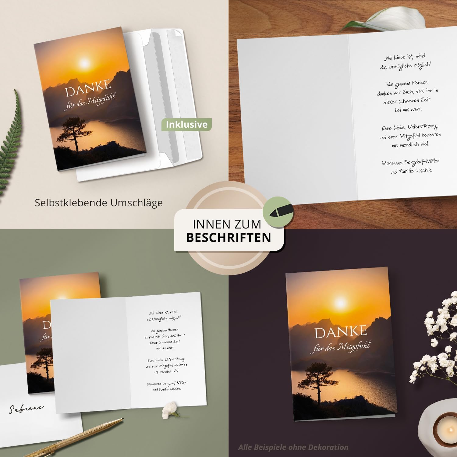 Danksagungskarten Trauer – 10 Klappkarten mit Umschlägen – Motiv: Sonnenuntergang – Trauerkarten Danksagung mit Text – Dankeskarten Trauer nach Beerdigung