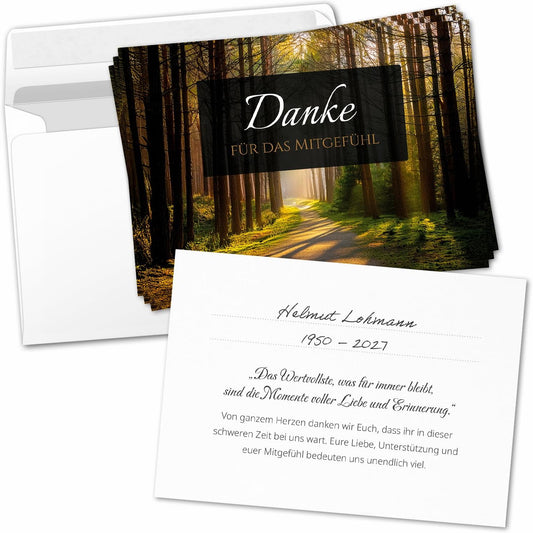 8 Trauer Danksagungskarten ausfüllbar mit Umschlag - Danke Trauerkarten Postkarten Beerdigung Ausfüllen mit Text Motiv Friedwald Baum Lichtung Wald