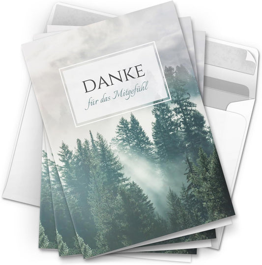 Danksagungskarten Trauer – 10 Klappkarten mit Umschlägen – Motiv: Mystik im Wald – Trauerkarten Danksagung mit Text – Dankeskarten Trauer nach Beerdigung
