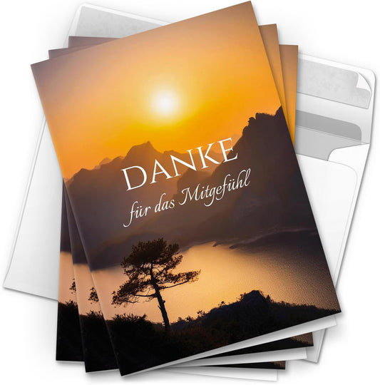 Danksagungskarten Trauer – 10 Klappkarten mit Umschlägen – Motiv: Sonnenuntergang – Trauerkarten Danksagung mit Text – Dankeskarten Trauer nach Beerdigung