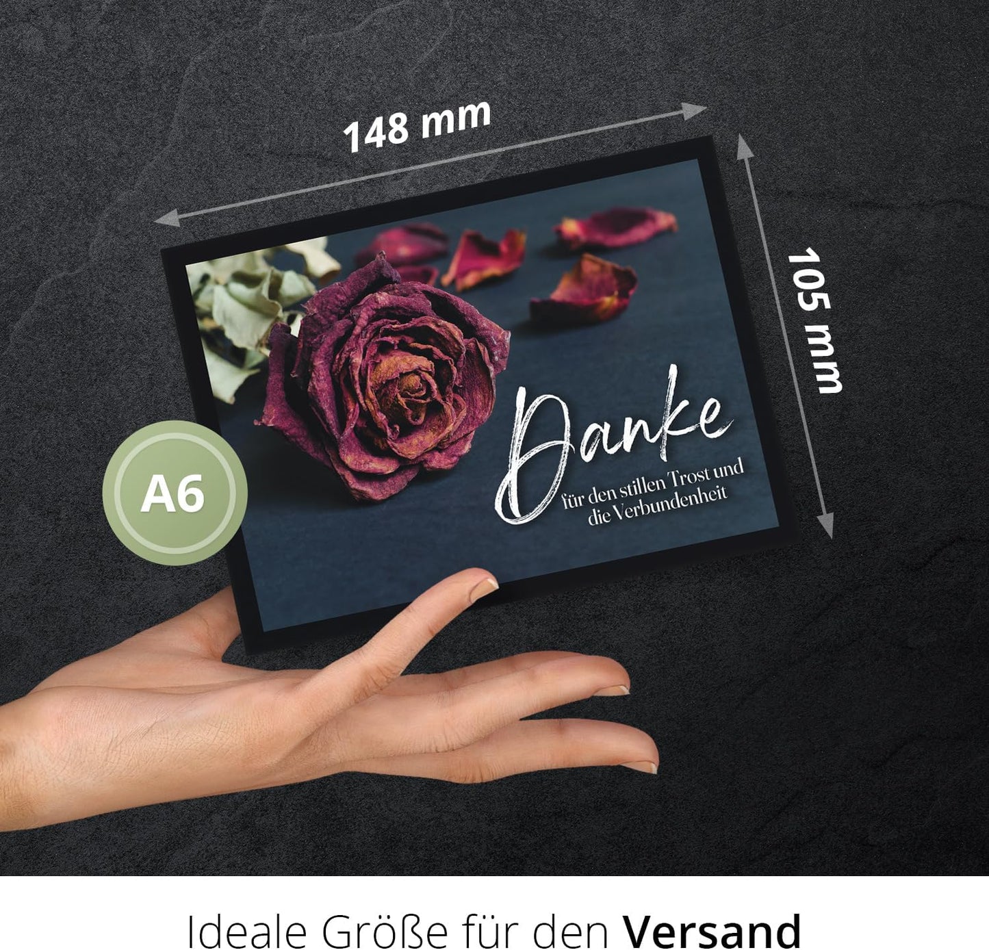 8 Trauer Danksagungskarten ausfüllbar mit Umschlag - Danke Trauerkarten Postkarten nach Beerdigung zum Ausfüllen mit Text Motiv Rote Rose Rosen Blume