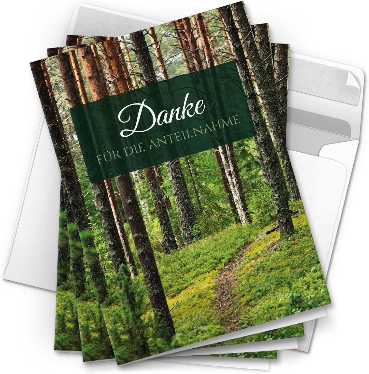 Danksagungskarten Trauer – 10 Klappkarten mit Umschlägen – Motiv: Waldweg – Trauerkarten Danksagung mit Text – Dankeskarten Trauer nach Beerdigung
