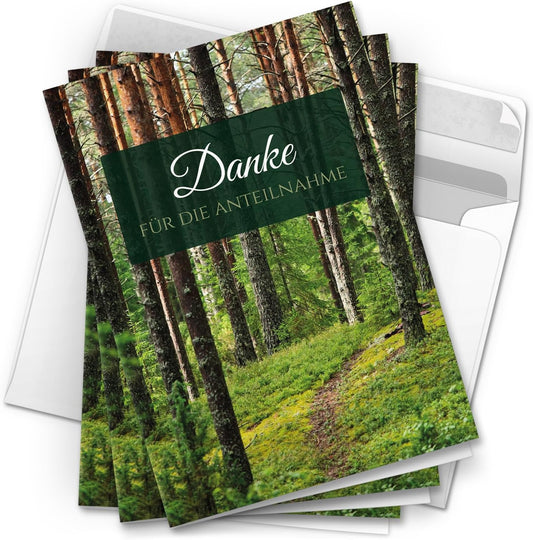 Danksagungskarten Trauer – 10 Klappkarten mit Umschlägen – Motiv: Waldweg – Trauerkarten Danksagung mit Text – Dankeskarten Trauer nach Beerdigung