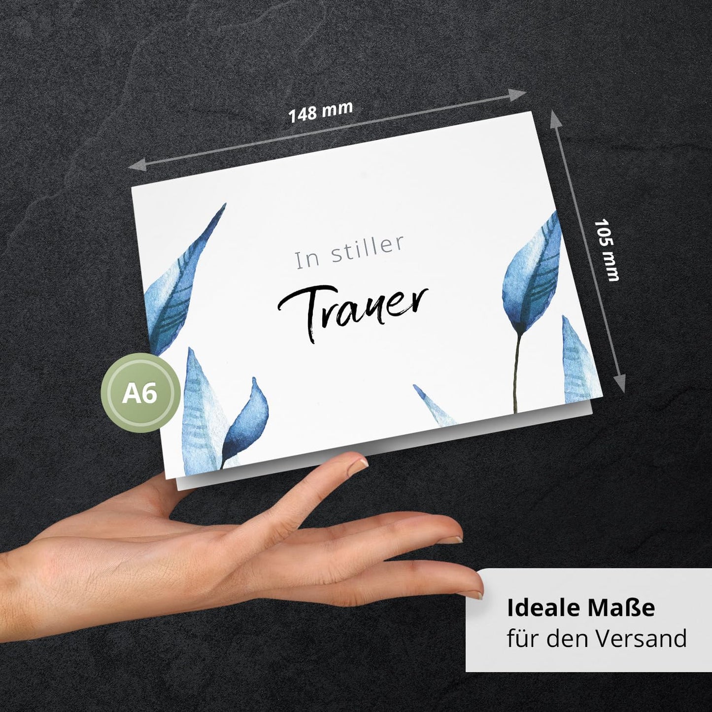 10 Trauerkarten mit Umschlag – Einladung zur Beerdigung oder Trauerfeier | Abschied | Hochwertige Klappkarten zur Todesanzeige – Motiv: Blaue Blätter