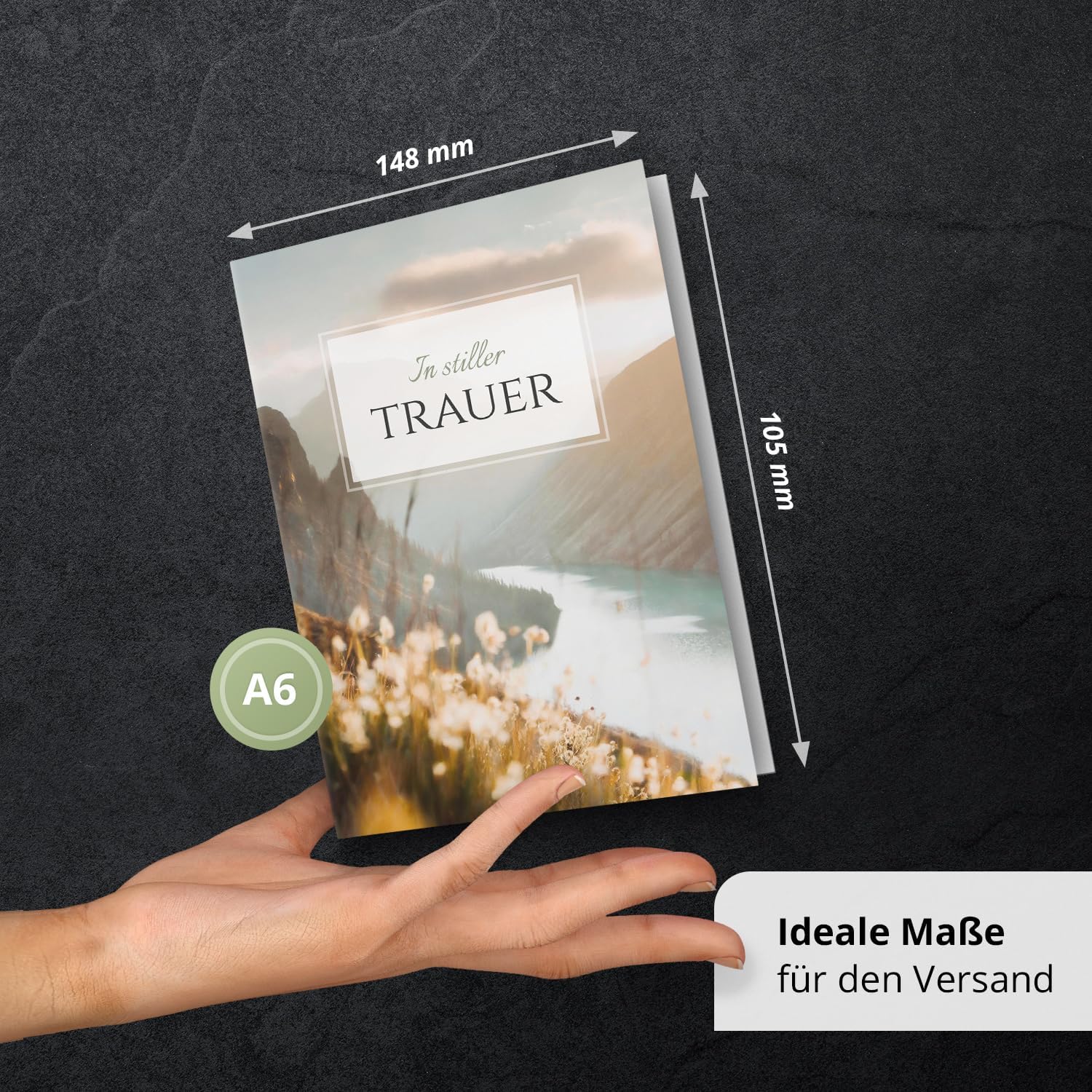 10 Trauerkarten mit Umschlag – Einladung zur Beerdigung oder Trauerfeier | Abschied | Hochwertige Klappkarten zur Todesanzeige – Motiv: Bergwiese