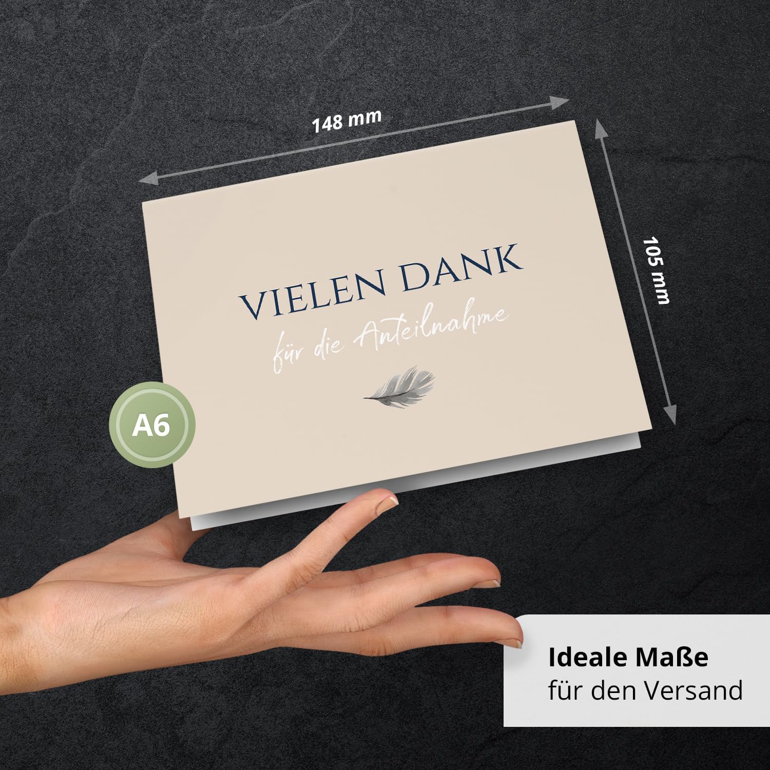 Danksagungskarten Trauer – 10 Klappkarten mit Umschlägen – Motiv: Feder auf Beige – Trauerkarten Danksagung mit Text – Dankeskarten Trauer nach Beerdigung