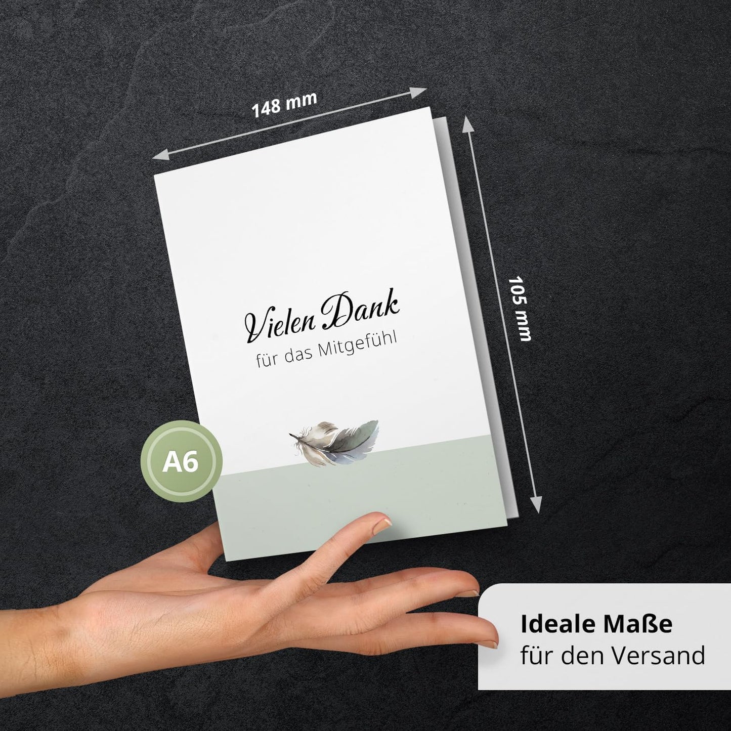 Danksagungskarten Trauer – 10 Klappkarten mit Umschlägen – Motiv: Feder auf Mint – Trauerkarten Danksagung mit Text – Dankeskarten Trauer nach Beerdigung