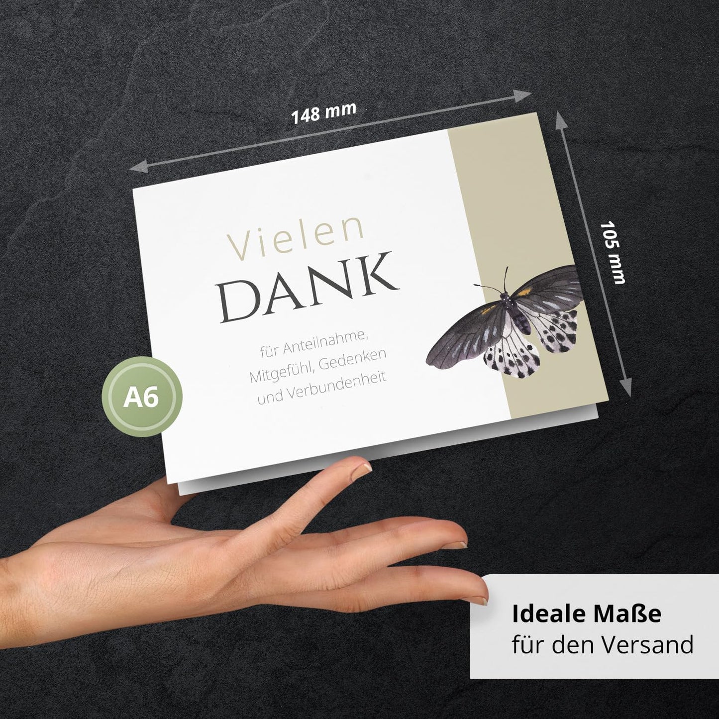 Danksagungskarten Trauer – 10 Klappkarten mit Umschlägen – Motiv: Schmetterling auf Beige – Trauerkarten Danksagung mit Text Dankeskarten Trauer Beerdigung