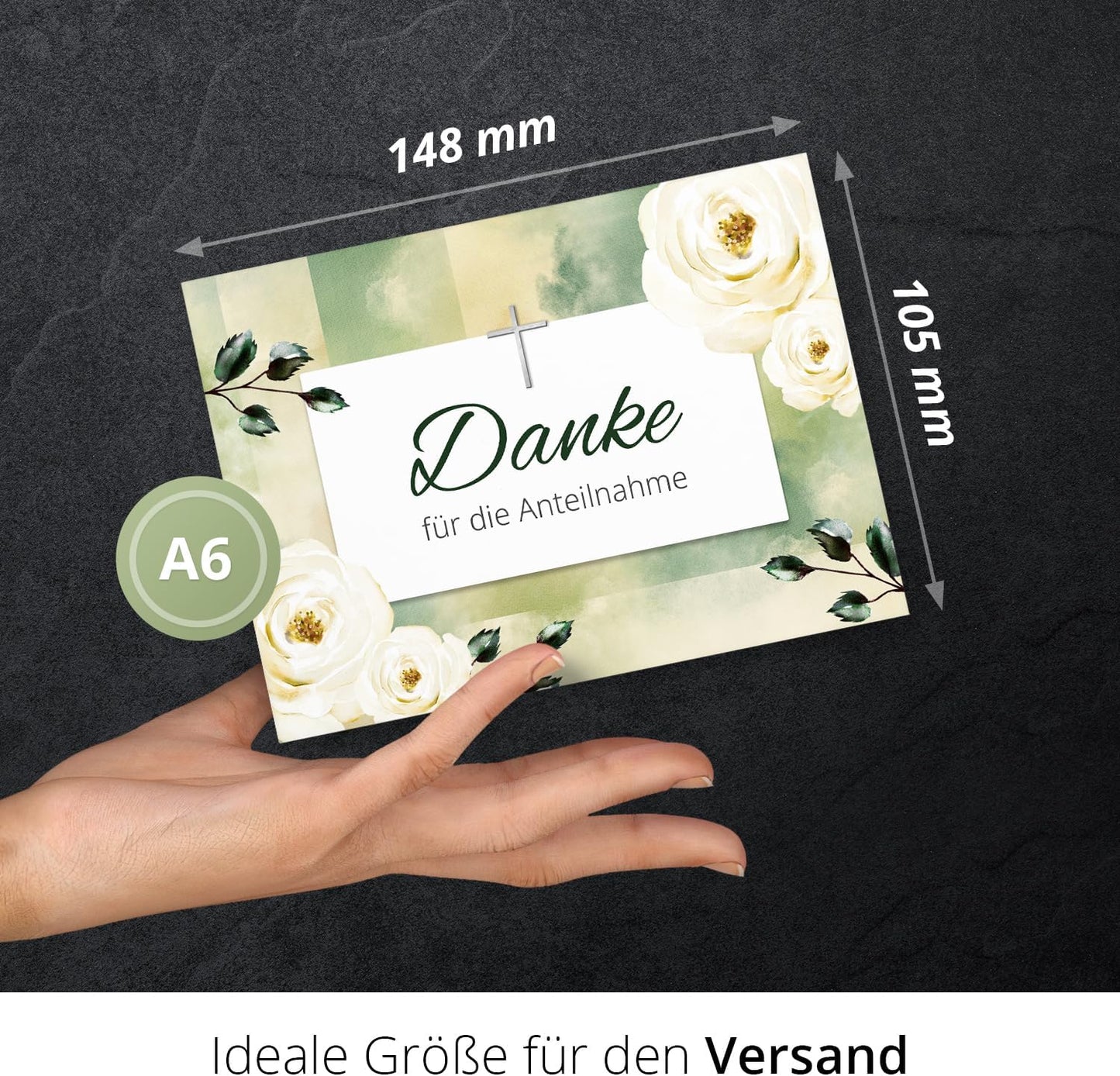 8 Trauer Danksagungskarten ausfüllbar mit Umschlag - Danke Trauerkarten Postkarten nach Beerdigung zum Ausfüllen mit Text Motiv Weisse Rosen mit Kreuz