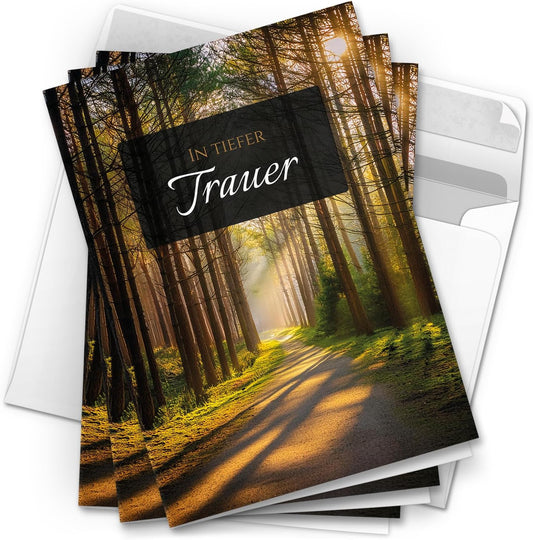 10 Trauerkarten mit Umschlag – Einladung zur Beerdigung oder Trauerfeier | Abschied | Hochwertige Klappkarten zur Todesanzeige – Motiv: Waldweg