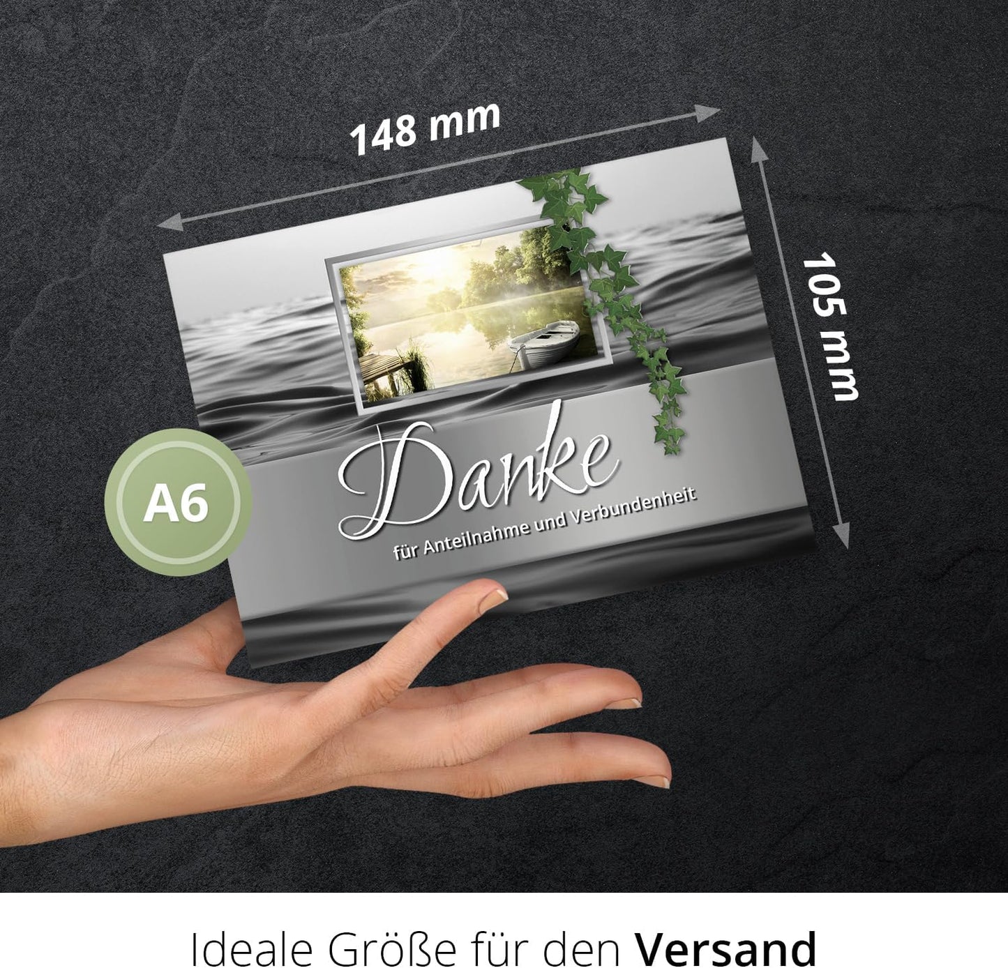 8 Trauer Danksagungskarten ausfüllbar mit Umschlag - Danke Trauerkarten Postkarten nach Beerdigung zum Ausfüllen mit Text Motiv Efeu See